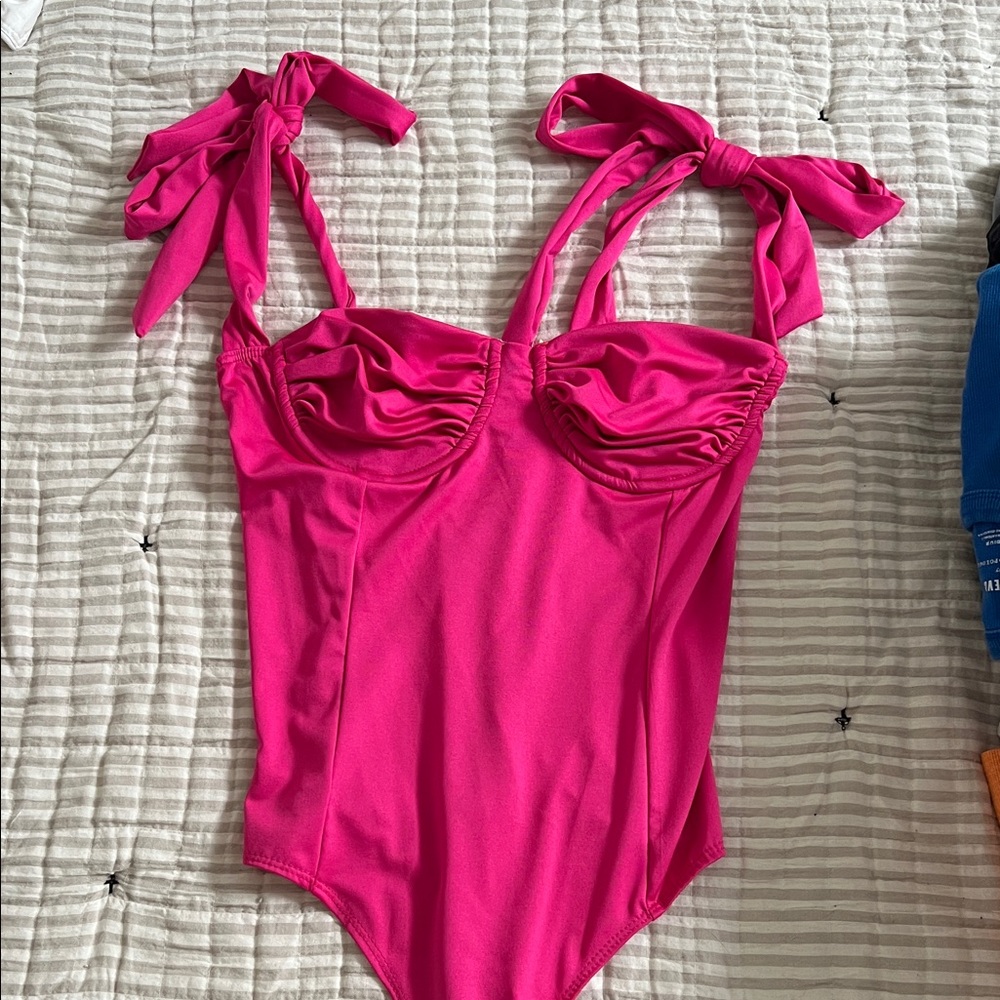 Pink Ruched Bodysuit with Bow Straps